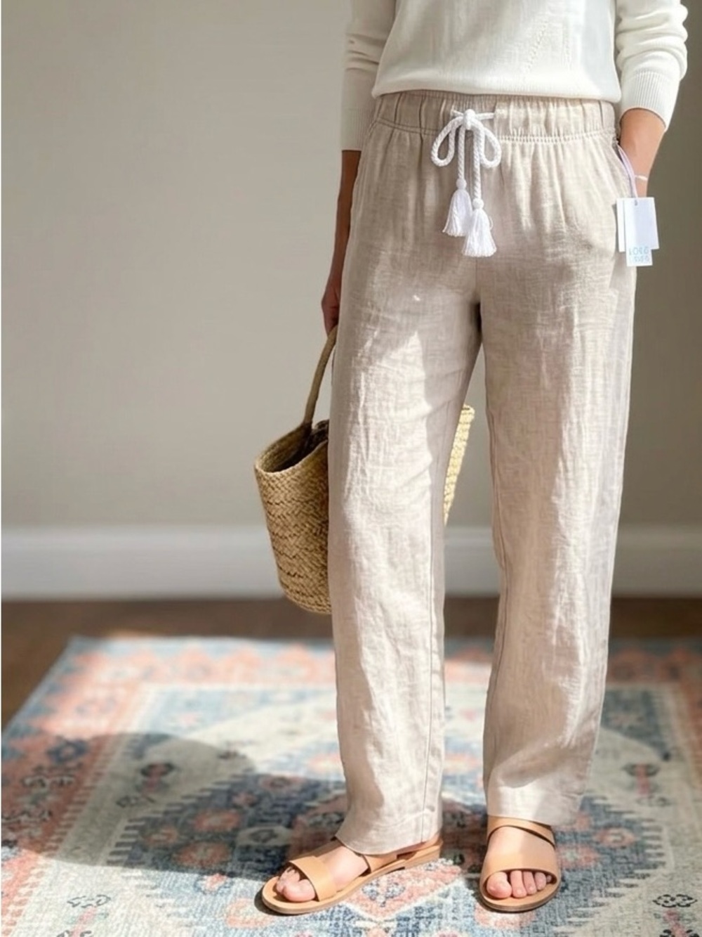 Cynthia Rowley Beige Linen Wide-Leg Drawstring Pants. Breathable fabric. Size S